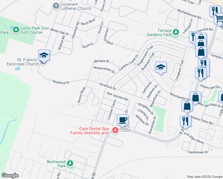 map of restaurants, bars, coffee shops, grocery stores, and more near 4814 Stagecoach Trail in Temple