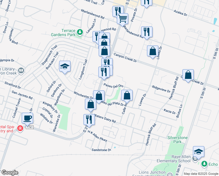 map of restaurants, bars, coffee shops, grocery stores, and more near 1410 Paseo Del Oro in Temple