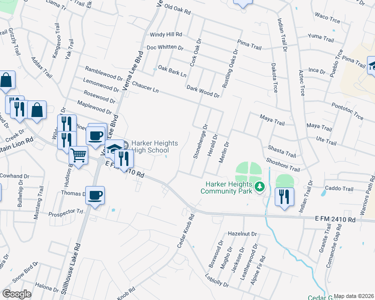 map of restaurants, bars, coffee shops, grocery stores, and more near 2019 Drawbridge Drive in Harker Heights