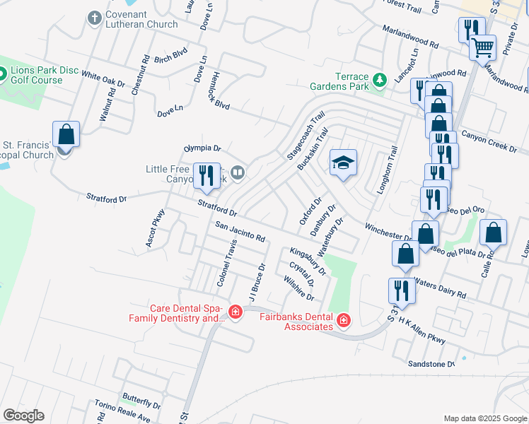 map of restaurants, bars, coffee shops, grocery stores, and more near 4802 Canterbury Circle in Temple