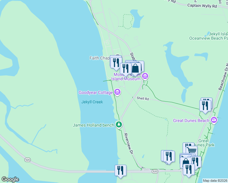 map of restaurants, bars, coffee shops, grocery stores, and more near 331 Riverview Drive in Jekyll Island
