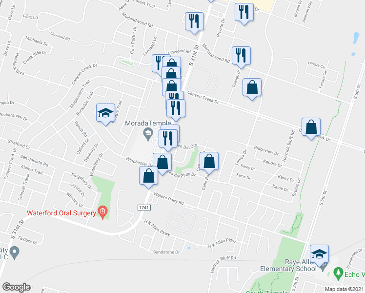 map of restaurants, bars, coffee shops, grocery stores, and more near 1412 Paseo Del Oro in Temple