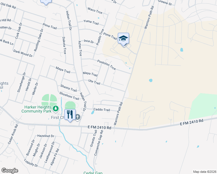 map of restaurants, bars, coffee shops, grocery stores, and more near 1803 Ute Trail in Harker Heights