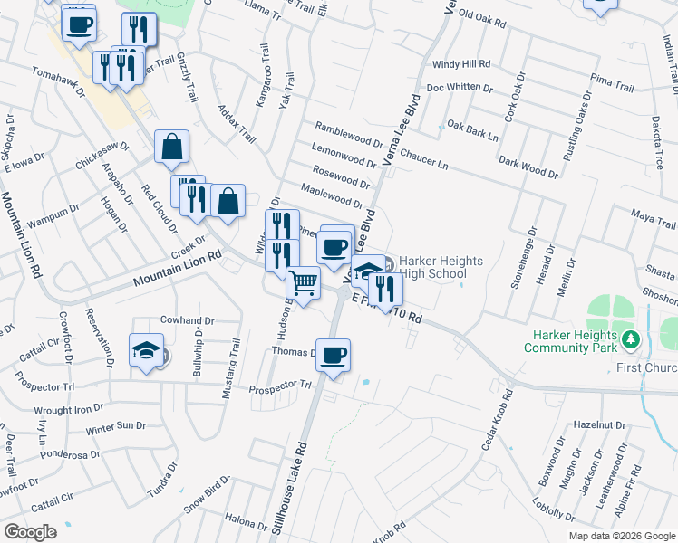 map of restaurants, bars, coffee shops, grocery stores, and more near 2330 Verna Lee Boulevard in Harker Heights