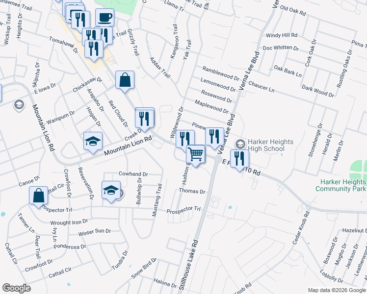 map of restaurants, bars, coffee shops, grocery stores, and more near 905 Farm to Market 2410 in Harker Heights