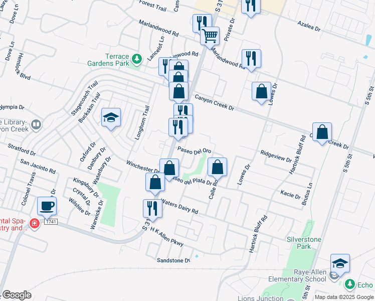 map of restaurants, bars, coffee shops, grocery stores, and more near 1410 Paseo Del Oro in Temple