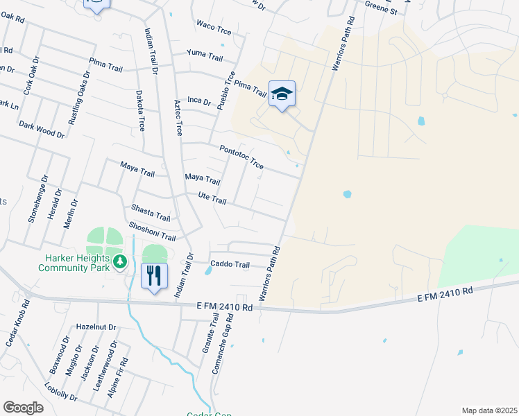 map of restaurants, bars, coffee shops, grocery stores, and more near 1803 Ute Trail in Harker Heights