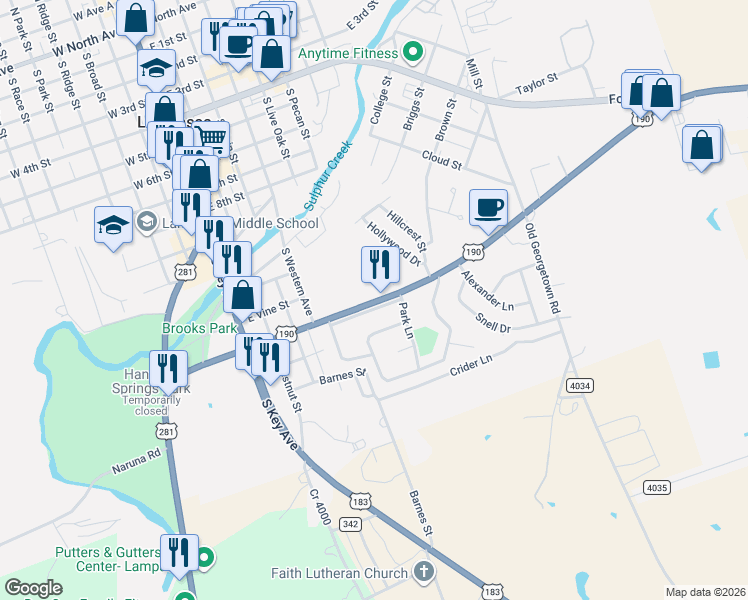 map of restaurants, bars, coffee shops, grocery stores, and more near 609 Centex Expy in Lampasas