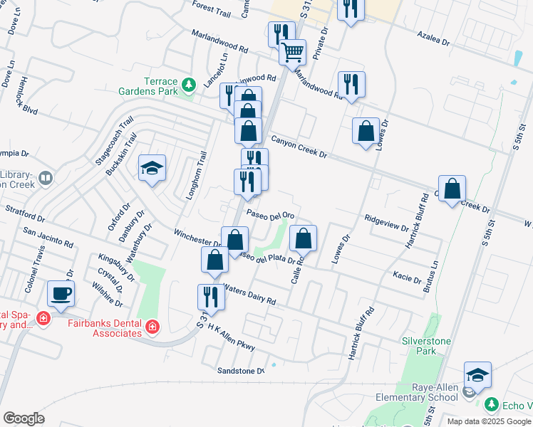map of restaurants, bars, coffee shops, grocery stores, and more near 1410 Paseo Del Oro in Temple