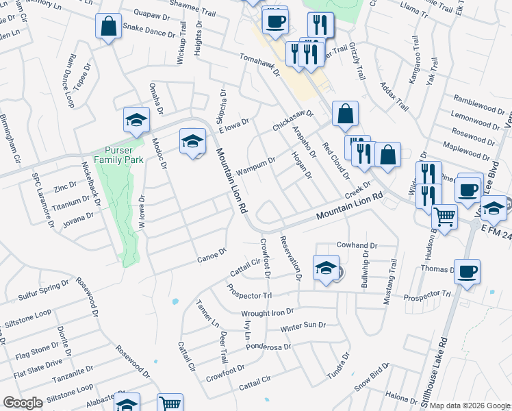 map of restaurants, bars, coffee shops, grocery stores, and more near 2523 Creek Drive in Harker Heights
