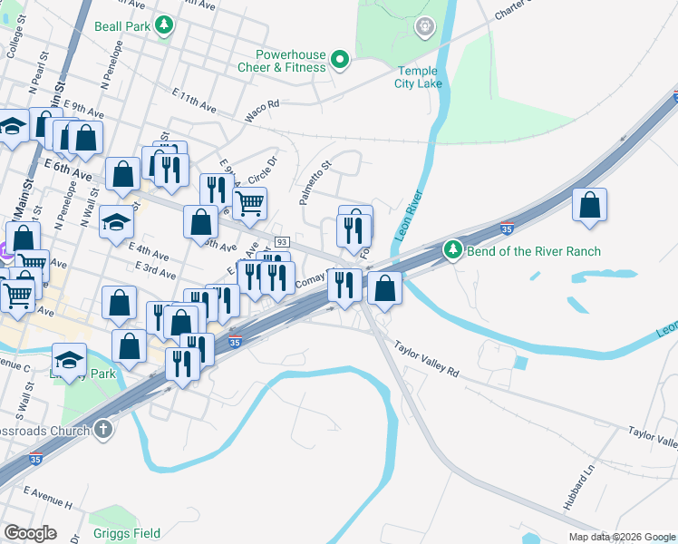 map of restaurants, bars, coffee shops, grocery stores, and more near 1317 Comay Drive in Belton