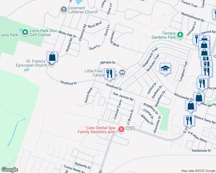 map of restaurants, bars, coffee shops, grocery stores, and more near 2705 Stratford Drive in Temple