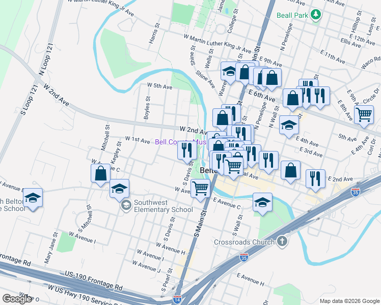 map of restaurants, bars, coffee shops, grocery stores, and more near 108 North Pearl Street in Belton