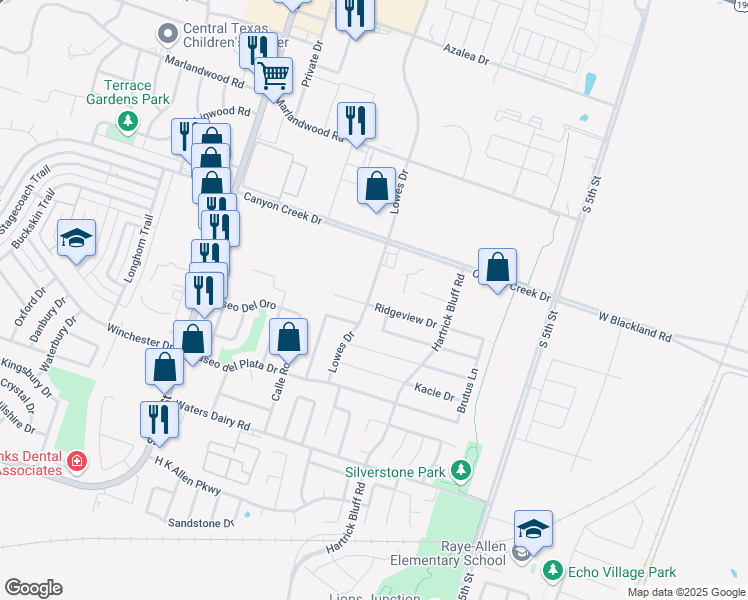 map of restaurants, bars, coffee shops, grocery stores, and more near 916 Lowes Drive in Temple