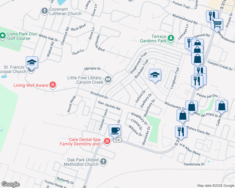 map of restaurants, bars, coffee shops, grocery stores, and more near 4801 Buckskin Trail in Temple