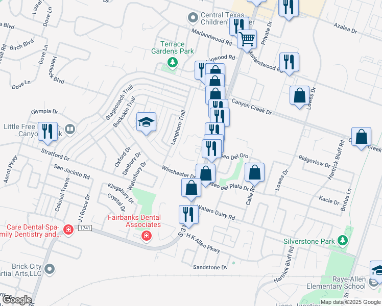map of restaurants, bars, coffee shops, grocery stores, and more near 4312 South 31st Street in Temple