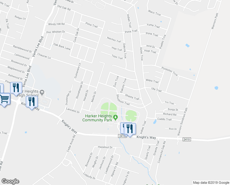 map of restaurants, bars, coffee shops, grocery stores, and more near 1428 Shoshoni Trail in Harker Heights