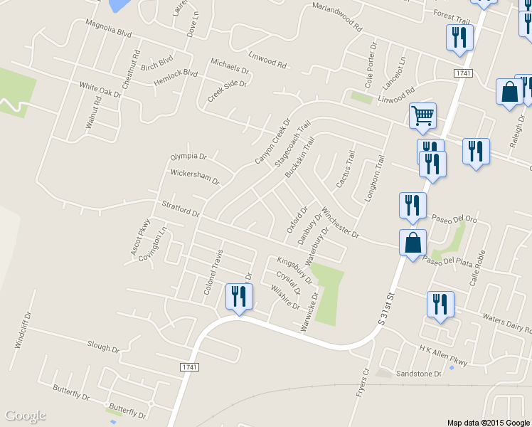 map of restaurants, bars, coffee shops, grocery stores, and more near 2303 Horseshoe Bend in Temple