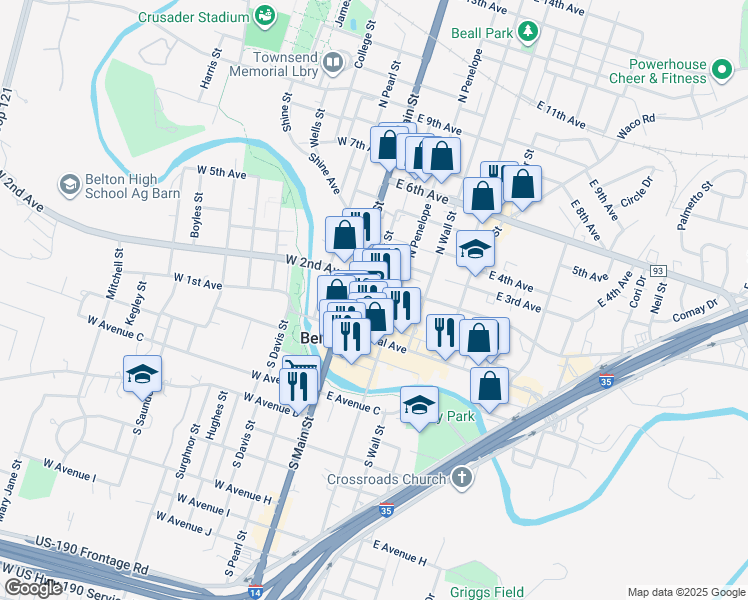 map of restaurants, bars, coffee shops, grocery stores, and more near 203 North East Street in Belton