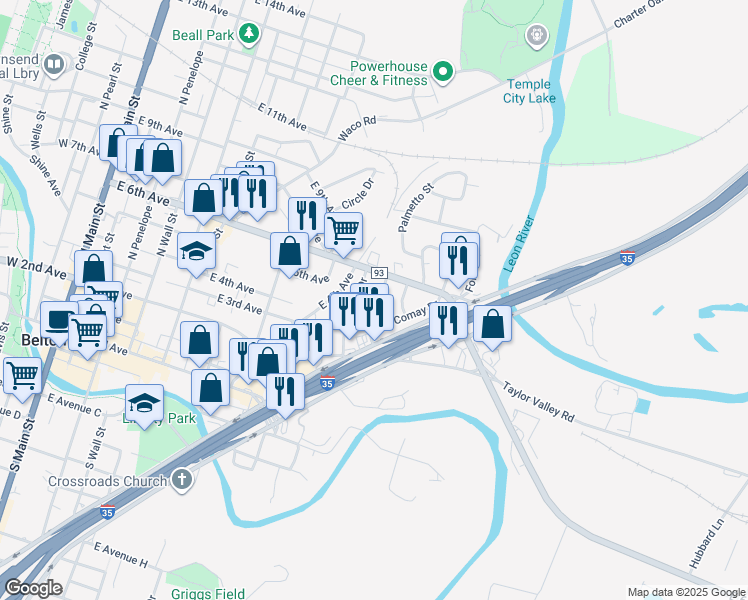 map of restaurants, bars, coffee shops, grocery stores, and more near 508 Neil Street in Belton