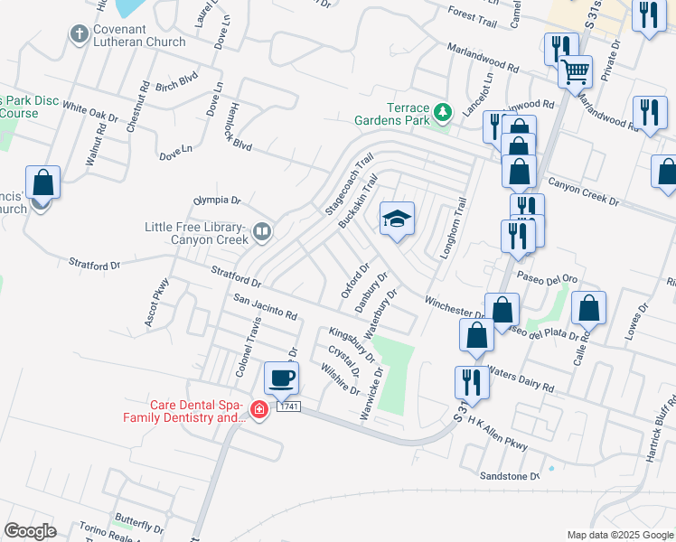 map of restaurants, bars, coffee shops, grocery stores, and more near 2106 Rawhide Trail in Temple