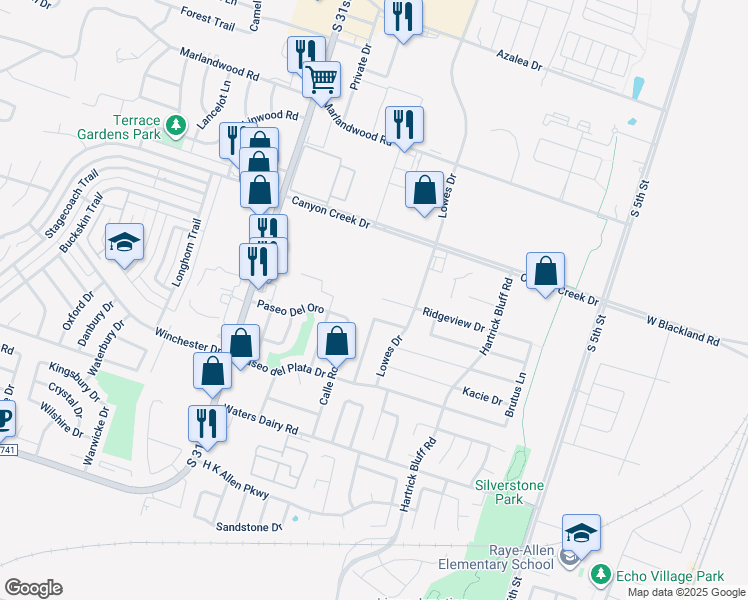 map of restaurants, bars, coffee shops, grocery stores, and more near 1107 Ridgeview Drive in Temple