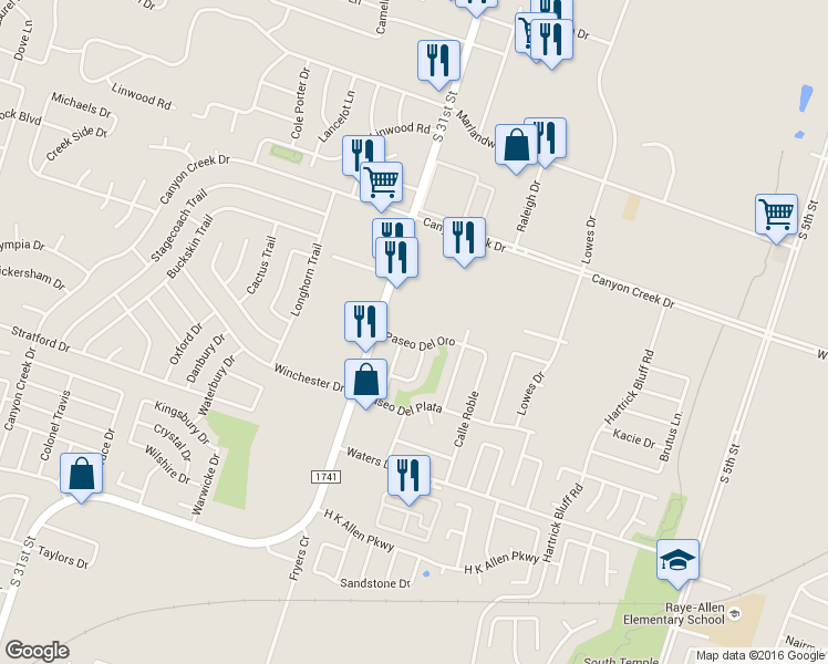 map of restaurants, bars, coffee shops, grocery stores, and more near 1410 Paseo Del Oro in Temple