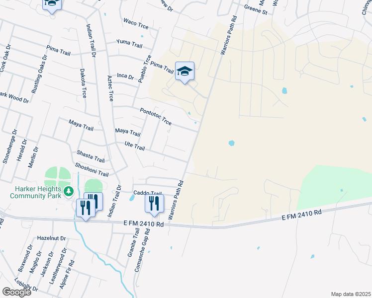 map of restaurants, bars, coffee shops, grocery stores, and more near 1912 Warriors Path Road in Harker Heights
