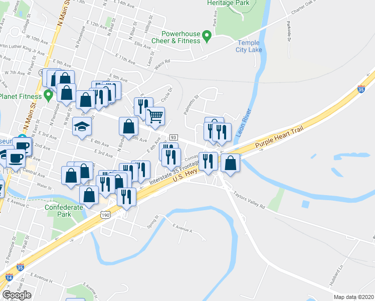 map of restaurants, bars, coffee shops, grocery stores, and more near 505 Center Street in Belton