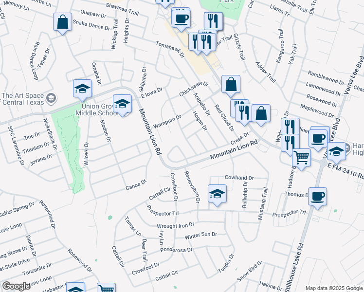 map of restaurants, bars, coffee shops, grocery stores, and more near 603 Ottawa Drive in Harker Heights