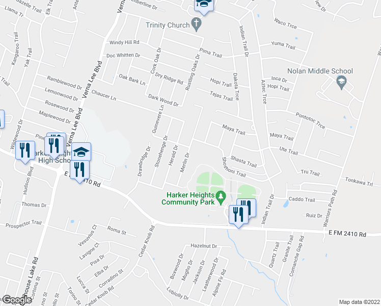 map of restaurants, bars, coffee shops, grocery stores, and more near 2001 Merlin Drive in Harker Heights