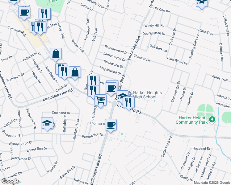 map of restaurants, bars, coffee shops, grocery stores, and more near 2330 Verna Lee Boulevard in Harker Heights