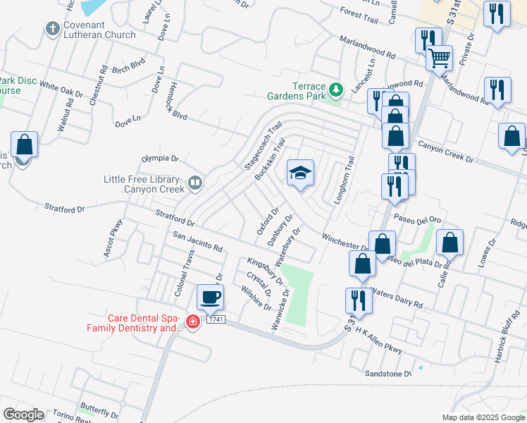 map of restaurants, bars, coffee shops, grocery stores, and more near 2106 Rawhide Trail in Temple