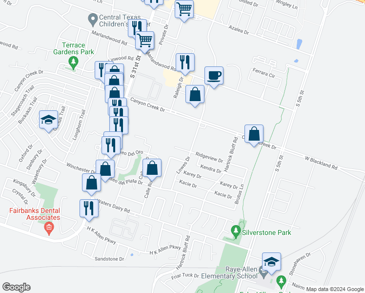 map of restaurants, bars, coffee shops, grocery stores, and more near 1012 Ridgeview Drive in Temple