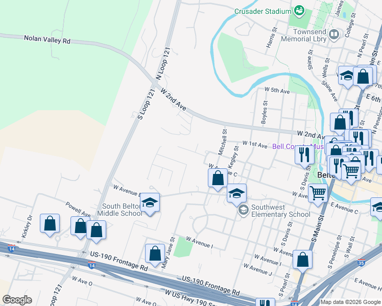 map of restaurants, bars, coffee shops, grocery stores, and more near 1000 West Avenue B in Belton