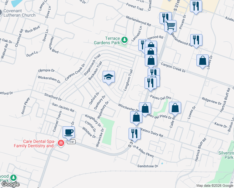 map of restaurants, bars, coffee shops, grocery stores, and more near 4806 Box Canyon Drive in Temple