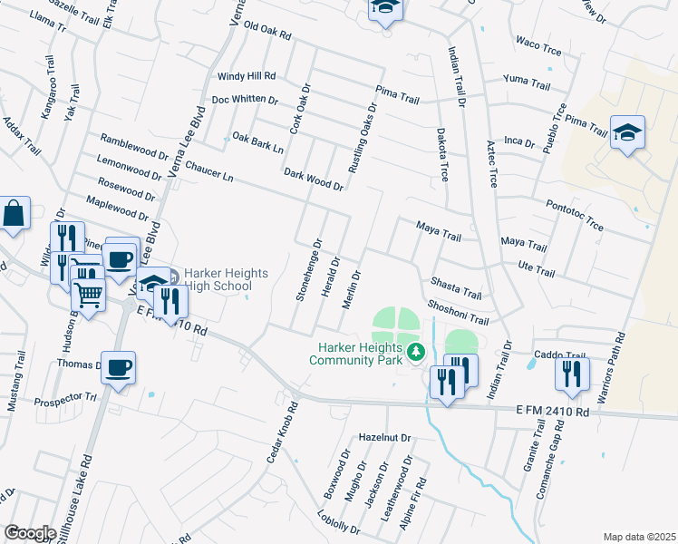 map of restaurants, bars, coffee shops, grocery stores, and more near 2005 Herald Drive in Harker Heights