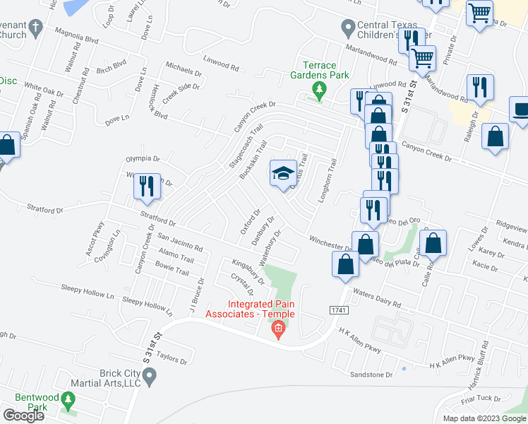 map of restaurants, bars, coffee shops, grocery stores, and more near 4511 Oxford Drive in Temple