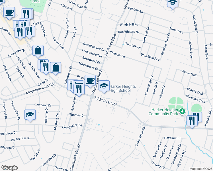 map of restaurants, bars, coffee shops, grocery stores, and more near 1001 Farm to Market 2410 in Harker Heights