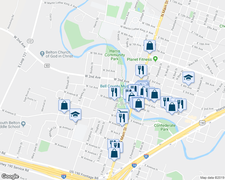 map of restaurants, bars, coffee shops, grocery stores, and more near 310 West 1st Avenue in Belton