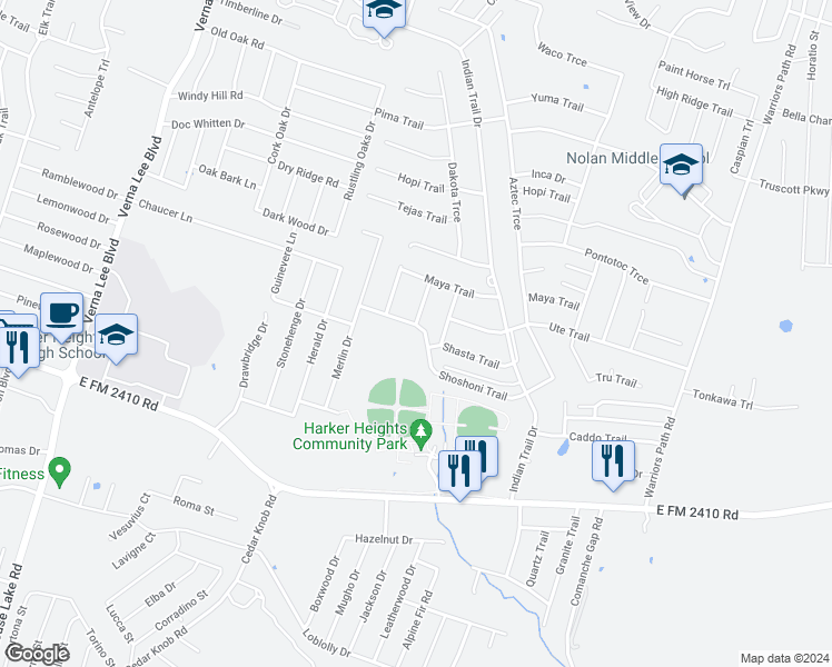 map of restaurants, bars, coffee shops, grocery stores, and more near 1428 Shoshoni Trail in Harker Heights