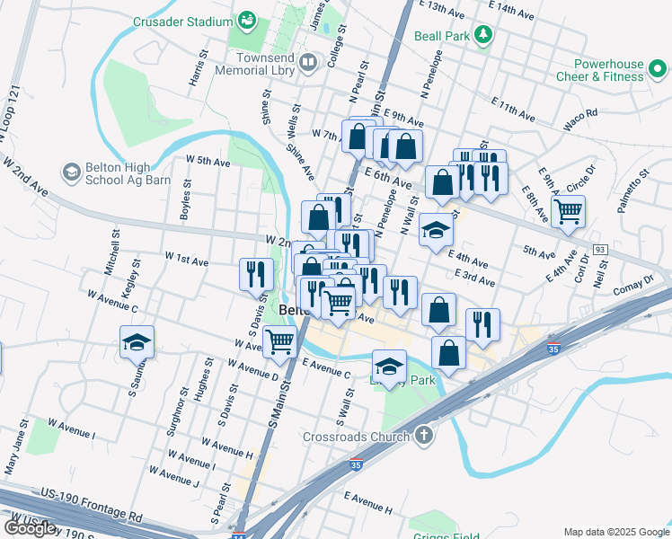 map of restaurants, bars, coffee shops, grocery stores, and more near 203 North East Street in Belton