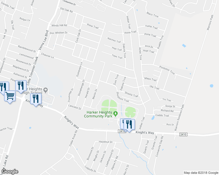 map of restaurants, bars, coffee shops, grocery stores, and more near 1428 Shoshoni Trail in Harker Heights