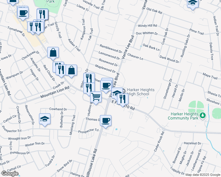 map of restaurants, bars, coffee shops, grocery stores, and more near 2326 Verna Lee Boulevard in Harker Heights