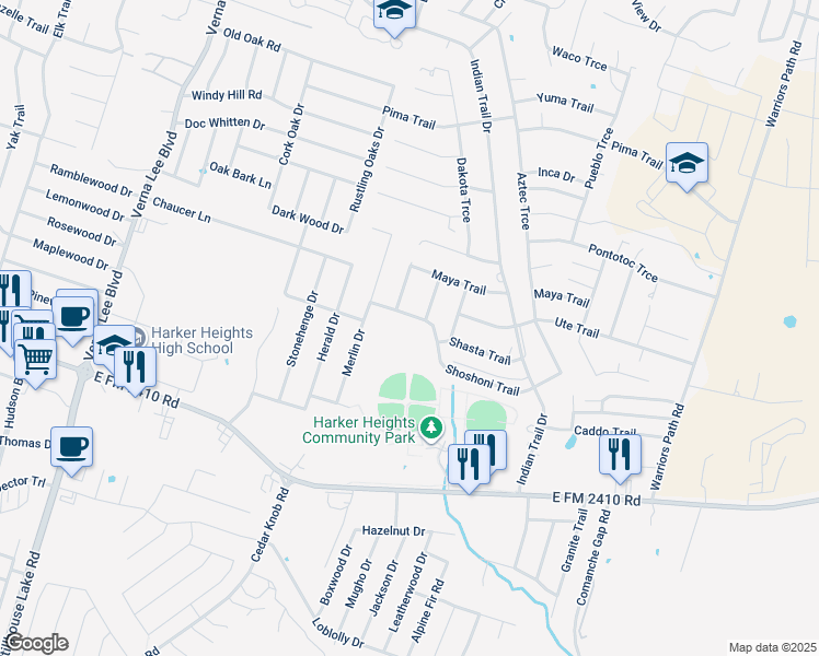 map of restaurants, bars, coffee shops, grocery stores, and more near 1428 Shoshoni Trail in Harker Heights