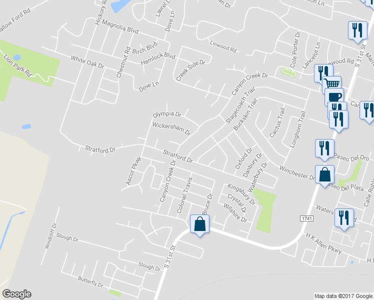 map of restaurants, bars, coffee shops, grocery stores, and more near 4814 Stagecoach Trail in Temple