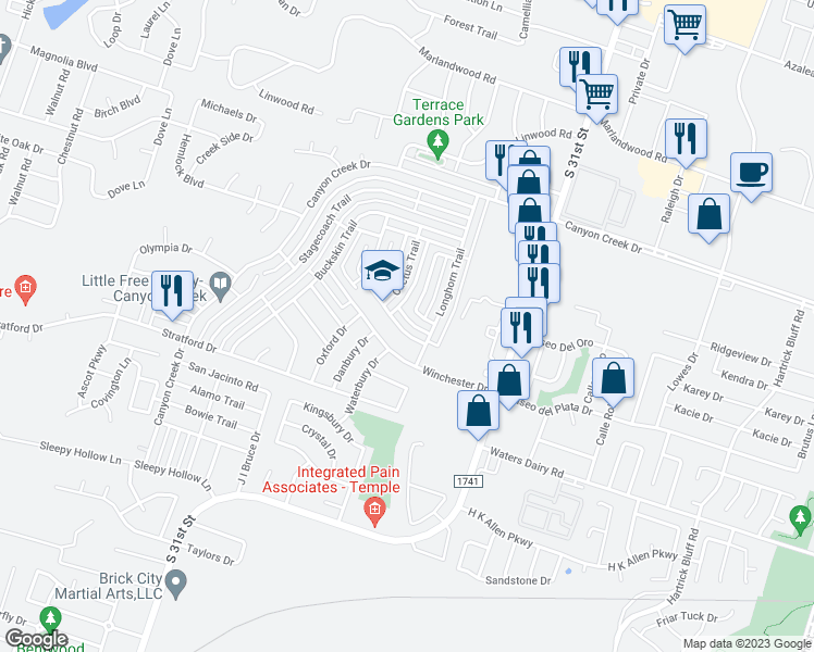 map of restaurants, bars, coffee shops, grocery stores, and more near 4805 Box Canyon Drive in Temple
