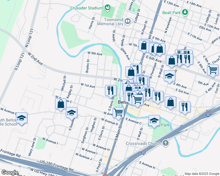map of restaurants, bars, coffee shops, grocery stores, and more near 310 West 1st Avenue in Belton
