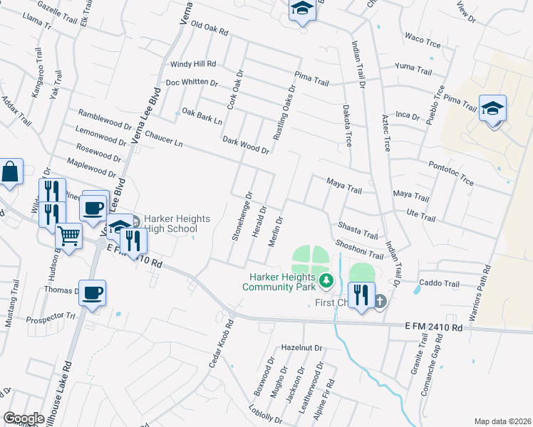 map of restaurants, bars, coffee shops, grocery stores, and more near 2003 Herald Drive in Harker Heights