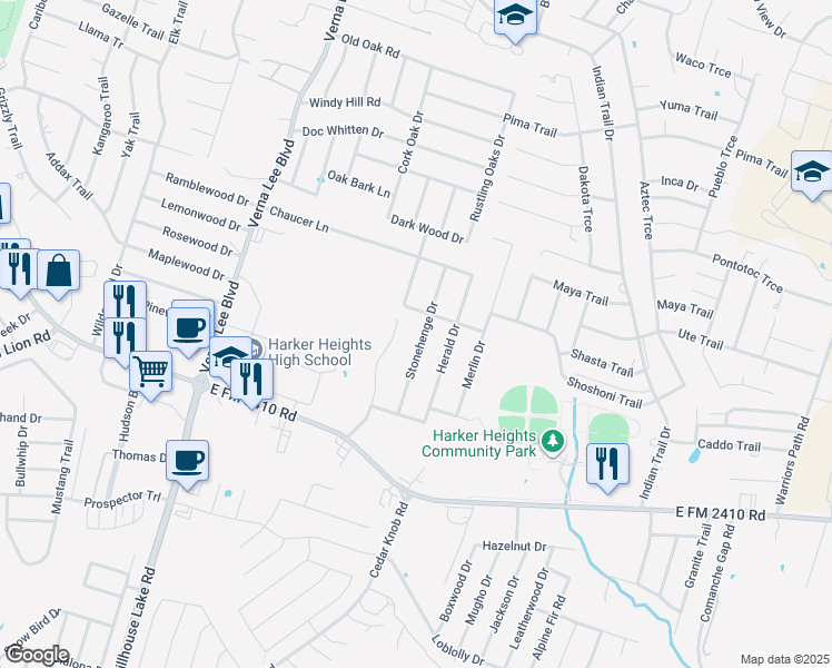 map of restaurants, bars, coffee shops, grocery stores, and more near 2008 Stonehenge Drive in Harker Heights